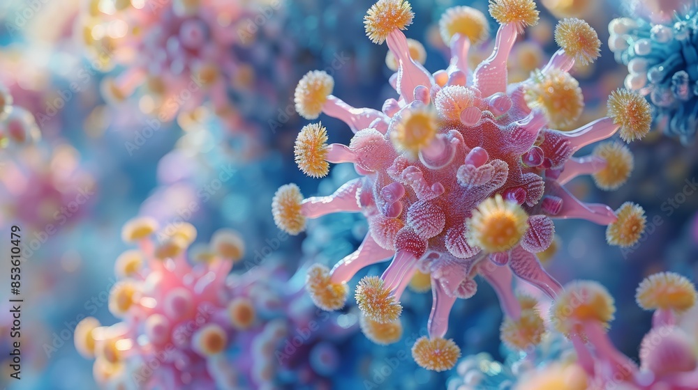 An intricate 3D depiction of a virus, capturing the complexity of its molecular structure in high detail. An intricate 3D depiction of a virus, capturing the complexity of its molecular structure in high detail.