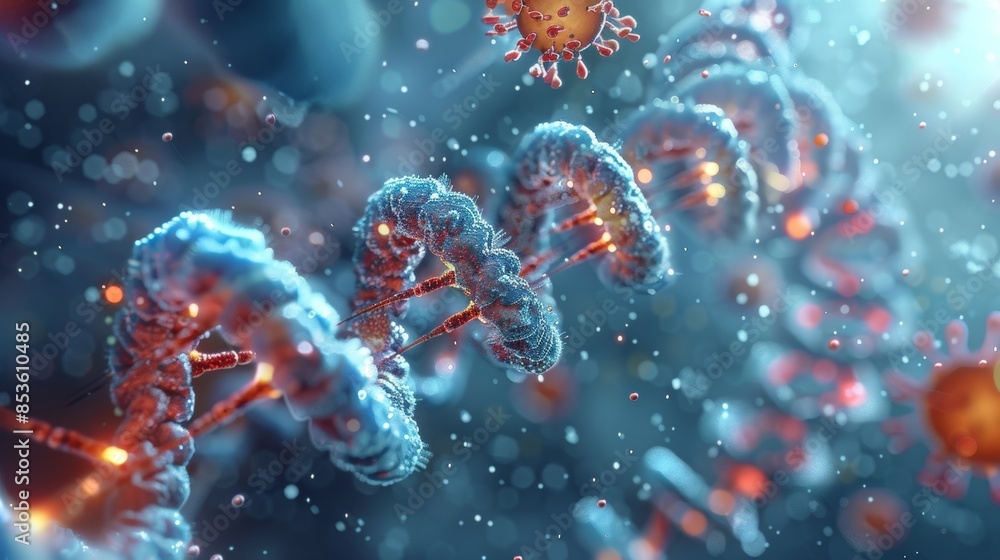A scientific 3D illustration of a virus replicating and mutating within a cell, demonstrating the process of viral mutation and genetic diversity. A scientific 3D illustration of a virus replicating and mutating within a cell, demonstrating the process of viral mutation and genetic diversity.