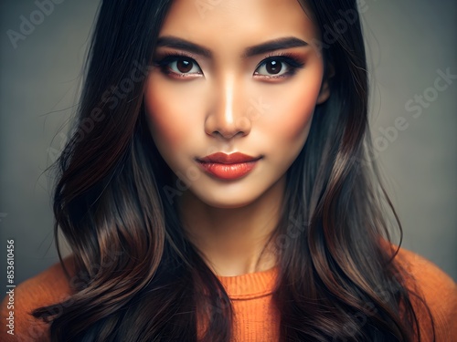 Wallpaper Mural Close-Up Portrait Of A Beautiful Asian Woman With Long, Wavy Hair And A Warm, Inviting Smile. Torontodigital.ca