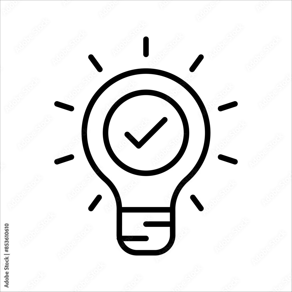black bulb with checkmark like quick tip icon. flat stroke linear simple trend modern efficiency logotype design element isolated on white background. black bulb with checkmark like quick tip icon. flat stroke linear simple trend modern efficiency logotype design element isolated on white background.