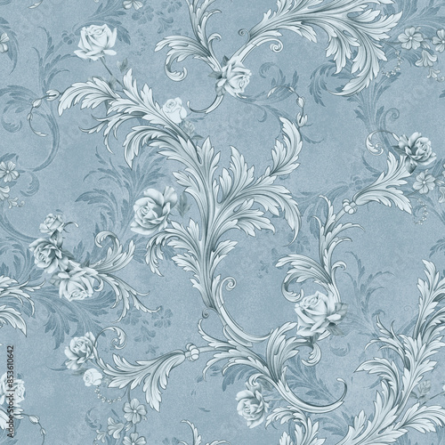 Seamless floral monochrome elegant pattern and background with baroque gild elements and realistic roses © AndY_art