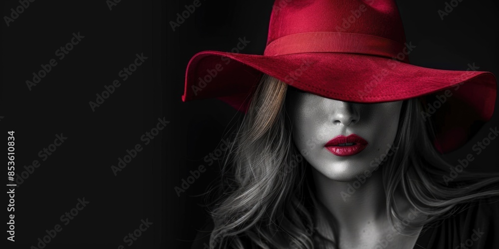 A woman wearing a bold red hat and matching lipstick, possibly a fashion or art concept image A woman wearing a bold red hat and matching lipstick, possibly a fashion or art concept image