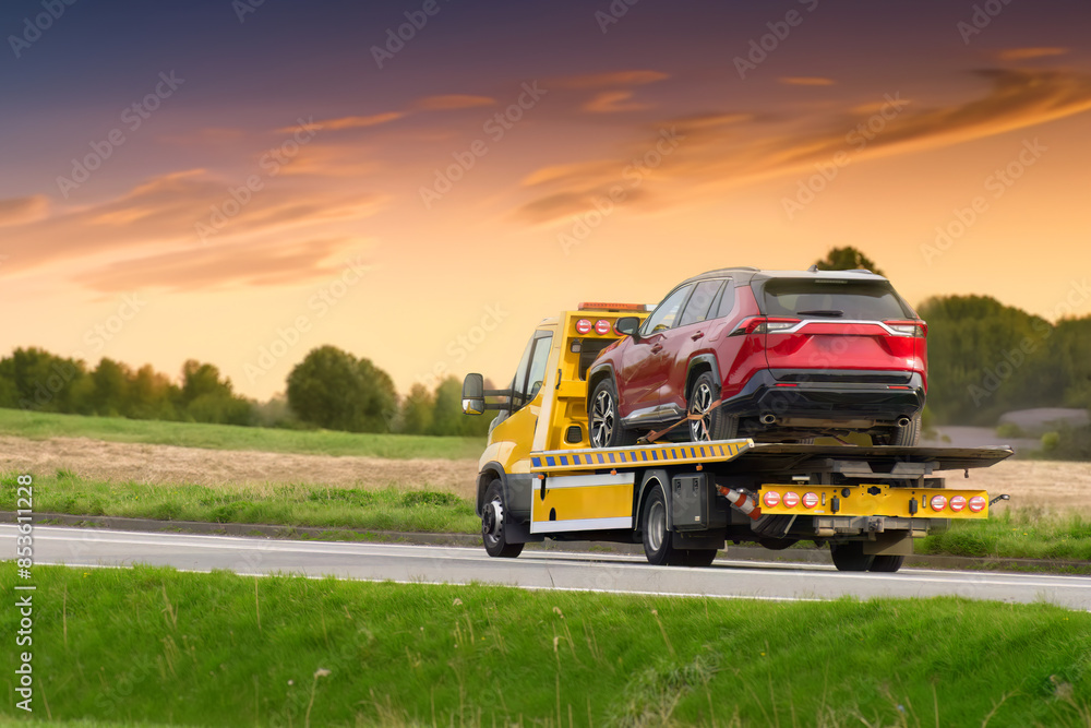 Tow truck towing cars along highway