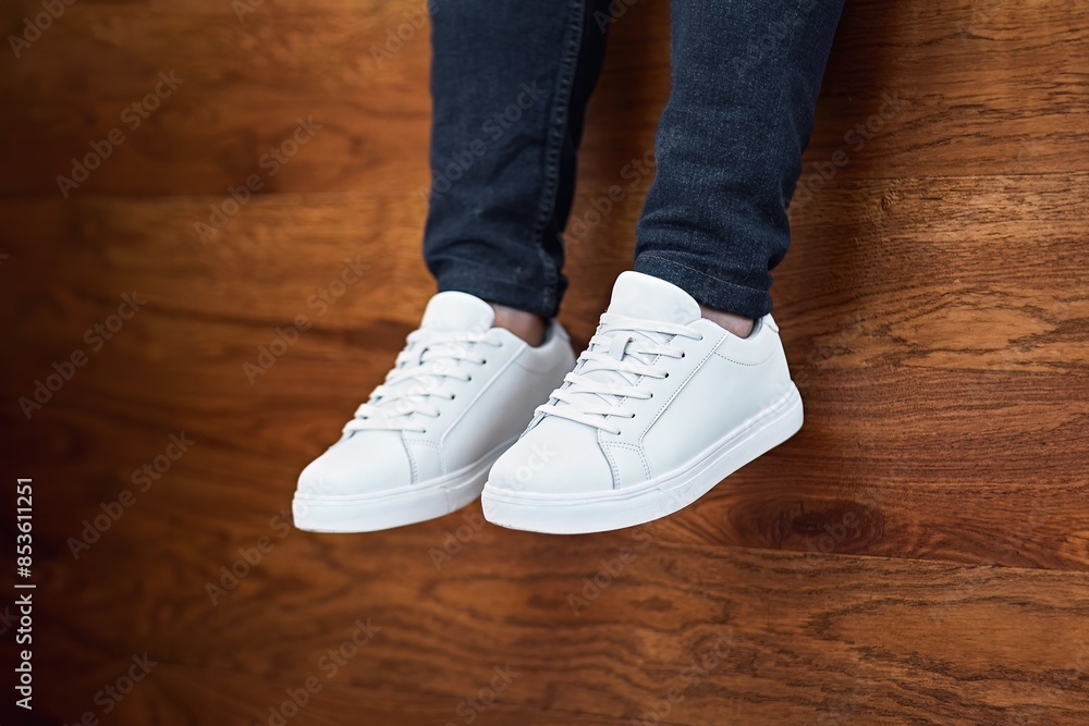 Man wearing white sneakers sitting on wooden bench Man wearing white sneakers sitting on wooden bench