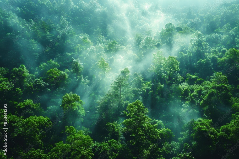 A dense forest with a misty atmosphere, showcasing the natural beauty and tranquility of woodland areas. A dense forest with a misty atmosphere, showcasing the natural beauty and tranquility of woodland areas.