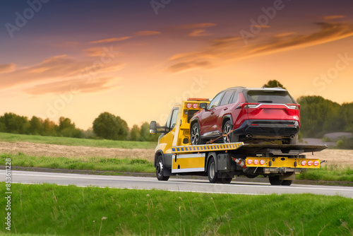 Obraz na płótnie Tow truck towing cars along highway w salonie