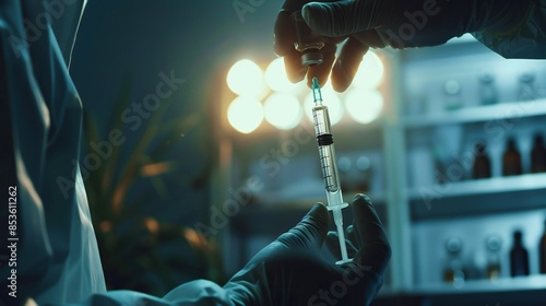 view of a doctor's hand holding a syringe, with serum drops hanging.
