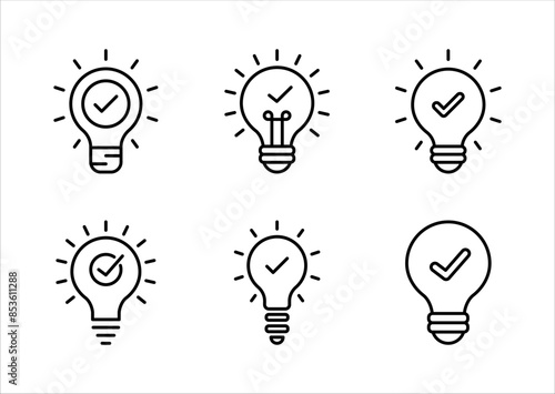 black bulb with checkmark like quick tip icon set. flat stroke linear simple trend modern efficiency logotype design element isolated on white background.