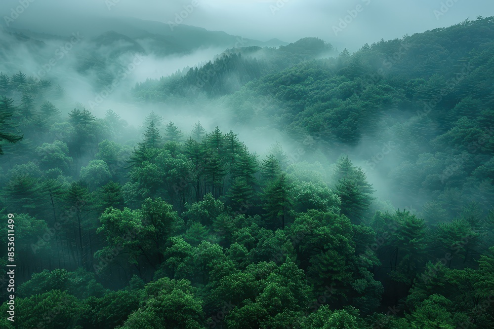 A dense forest with a misty atmosphere, showcasing the natural beauty and tranquility of woodland areas. A dense forest with a misty atmosphere, showcasing the natural beauty and tranquility of woodland areas.
