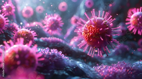 A high-resolution 3D illustration of a virus replication cycle, showing stages of infection and reproduction within a host cell. © MAY