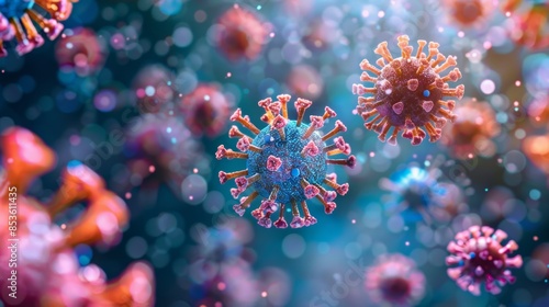 A vivid 3D illustration of a virus surrounded by antibodies, demonstrating the body's biological defense mechanisms. photo