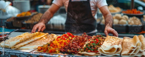 A street vendor selling delicious crepes with a variety of sweet and savory fillings at a bustling outdoor market. photo
