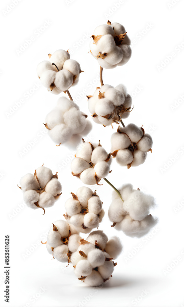 Falling cottons on isolate white background, selective focus, Clipping path Falling cottons on isolate white background, selective focus, Clipping path