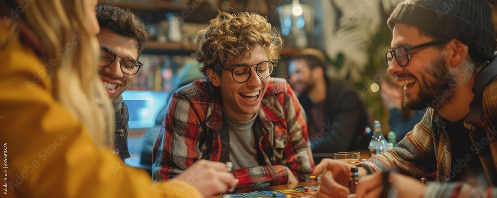 A group of friends gathering for a game night, laughing and competing in friendly competition. A group of friends gathering for a game night, laughing and competing in friendly competition.