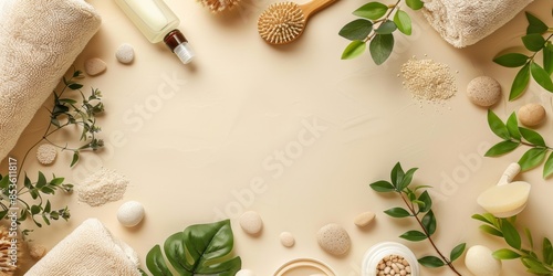 Wallpaper Mural Spa and bath products with green leaves and natural accessories on a light background. Torontodigital.ca