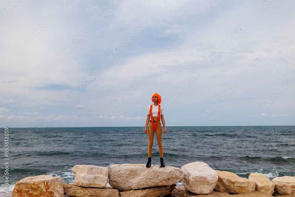 Woman in a futuristic suit. Augmented reality game, future technologies, artificial intelligence concept.