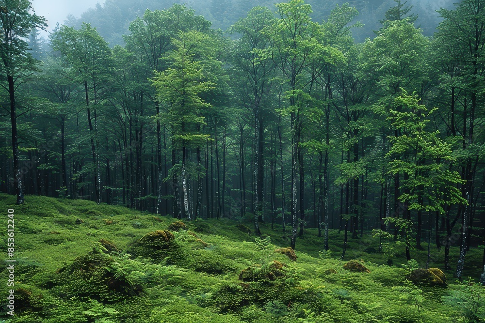 Fototapeta premium A dense forest with a misty atmosphere, showcasing the natural beauty and tranquility of woodland areas. 