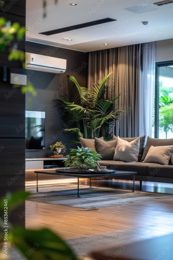 A comfortable living space with furniture and a large window, perfect for relaxing or entertaining A comfortable living space with furniture and a large window, perfect for relaxing or entertaining