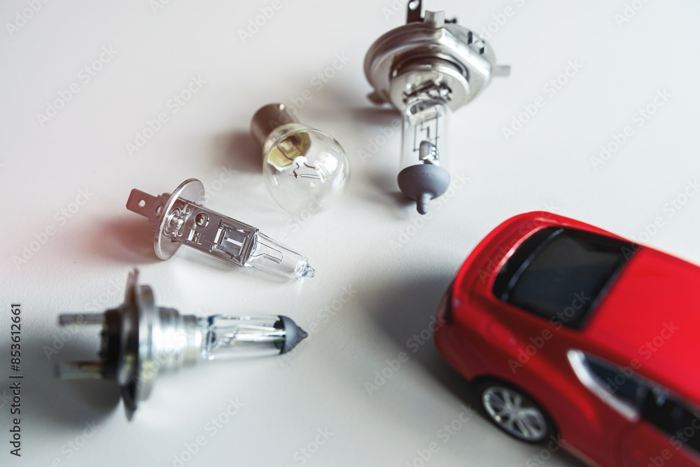 different automotive bulbs h1 h4 h7 with small toy car. Car repair conecpt different automotive bulbs h1 h4 h7 with small toy car. Car repair conecpt