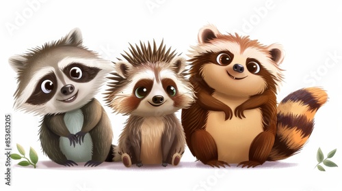 An adorable illustration of three cute animal friends, featuring a raccoon, hedgehog, and red panda, sitting together and smiling photo