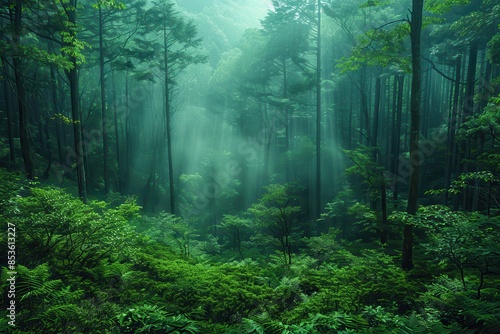 A dense forest with a misty atmosphere, showcasing the natural beauty and tranquility of woodland areas. 