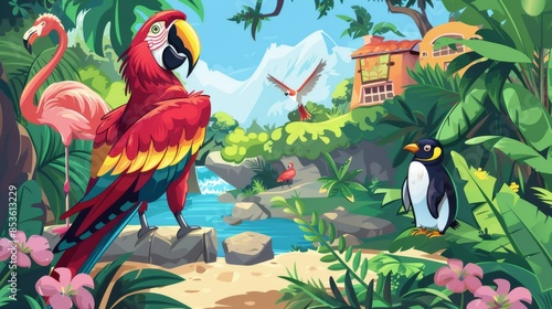 A vibrant illustration of tropical birds, including a parrot and flamingo, in a lush jungle setting with a waterfall and mountains in the background photo
