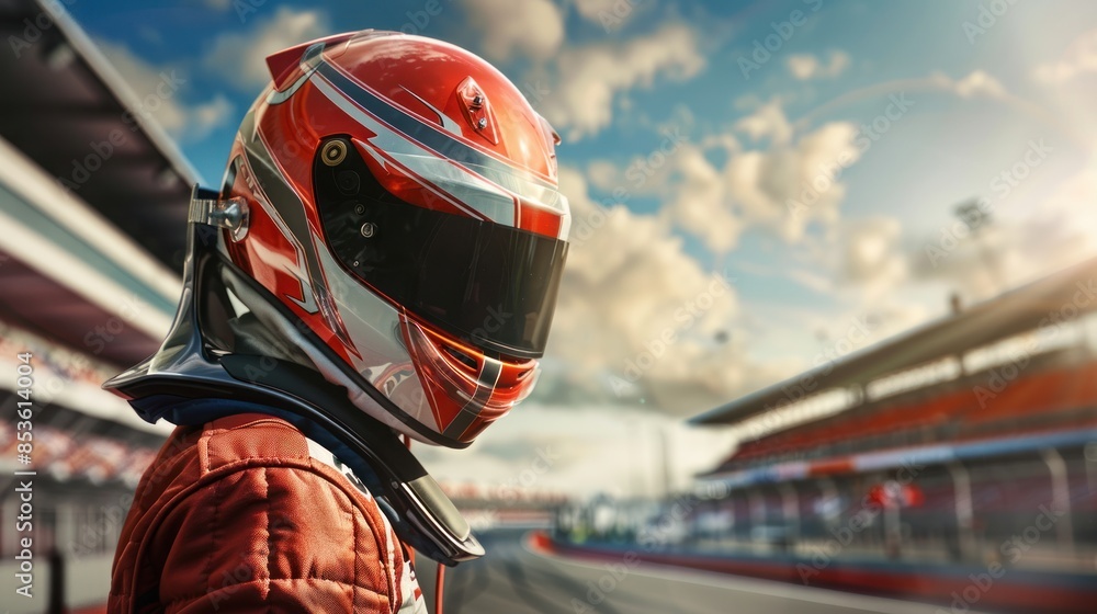 Obraz premium Male racer wearing racing suit and helmet standing on track stadium.