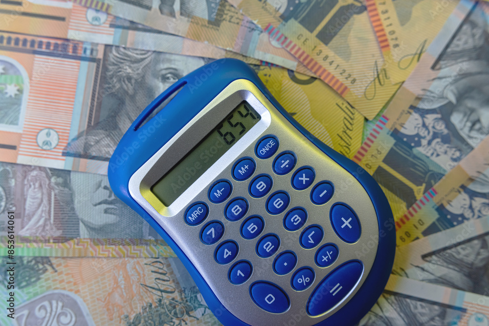 AUD Australian money with calculator, saving concept