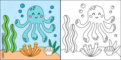 Cute cartoon octopus character. Undersea, marine life illustration. Sea animals coloring pages isolated on white background.