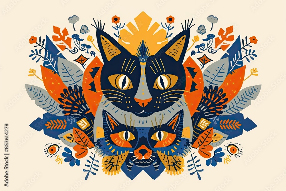 Obraz premium A symmetrical design with cat motifs in the style of Scandinavian folk art on a cream background.