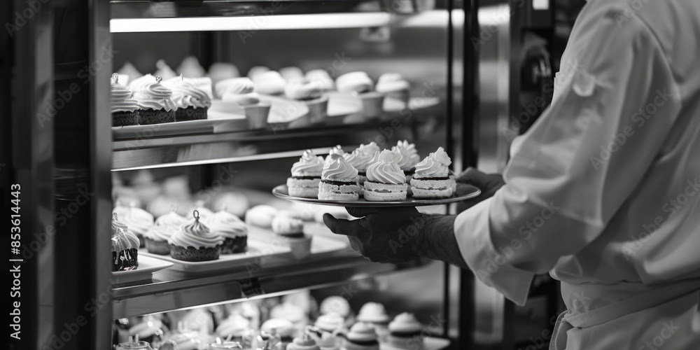 Obraz premium A baker holding a tray of colorful cupcakes in a bright and airy bakery setting