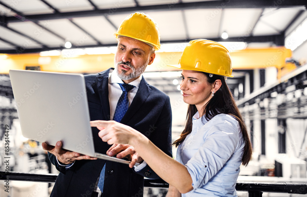 Two project managers standing in modern industrial factory, looking at laptop screen. Manufacturing facility with robotics, robotic arms and automation. Storing products and materials in warehouse. Two project managers standing in modern industrial factory, looking at laptop screen. Manufacturing facility with robotics, robotic arms and automation. Storing products and materials in warehouse.