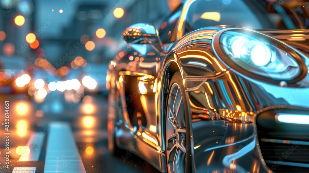 A close-up view of a car parked on a city street, with a urban backdrop A close-up view of a car parked on a city street, with a urban backdrop