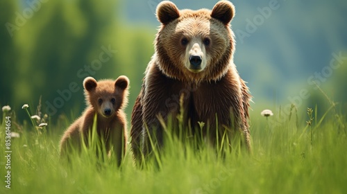 mother brown bear with her two cubs in a green meadow