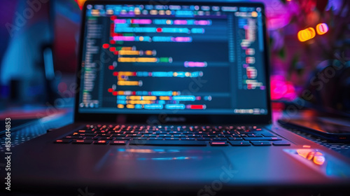 A nighttime symphony of software development. A close-up of a laptop keyboard with code displayed on the screen, illuminated by colorful, blurred lights in the background