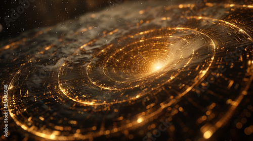 The golden spiral of software development. An abstract digital art piece depicting a swirling, golden spiral, representing the interconnectedness and evolution of software development