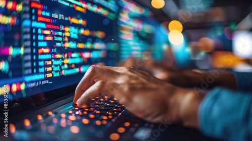 A close-up shot of a developers hands typing code on a laptop in the evening, with the screen reflecting colorful lines of code