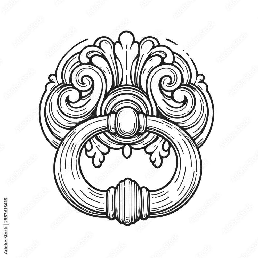 A black and white drawing of a key with a flowery design. The key is ornate and has a large, round handle A black and white drawing of a key with a flowery design. The key is ornate and has a large, round handle