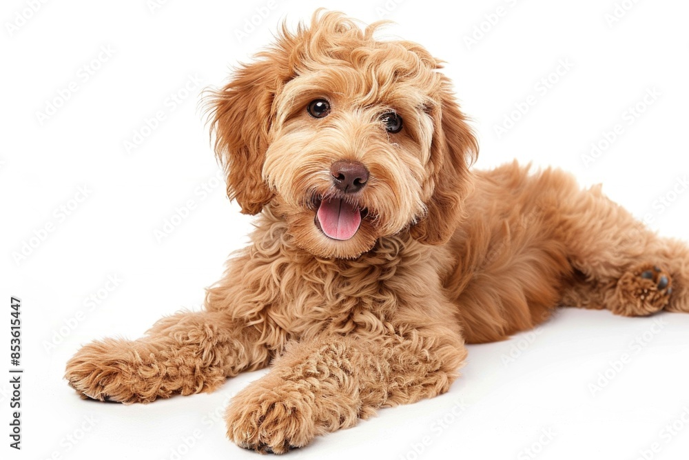 Fototapeta premium A brown dog resting on a white surface