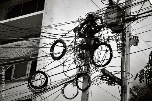 Photography A black and white photo of a power line with many wires and a lot of circles