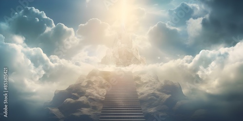 Ascension towards heaven amidst clouds as a symbol of spiritual hope. Concept Spiritual Hope, Heaven's Ascension, Cloud Symbolism, Spiritual Journey © Anastasiia