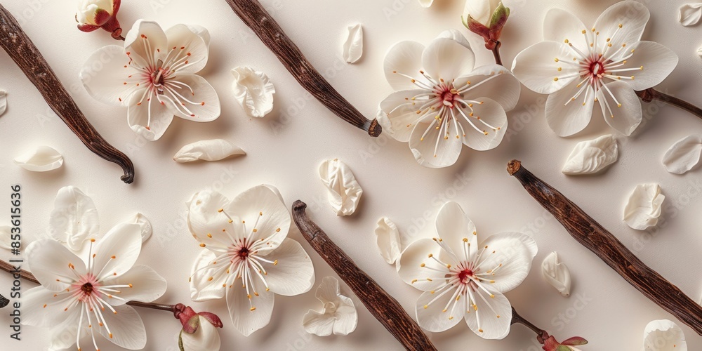 White flowers and vanilla pods on a beige background, creating a minimalist and natural composition. White flowers and vanilla pods on a beige background, creating a minimalist and natural composition.