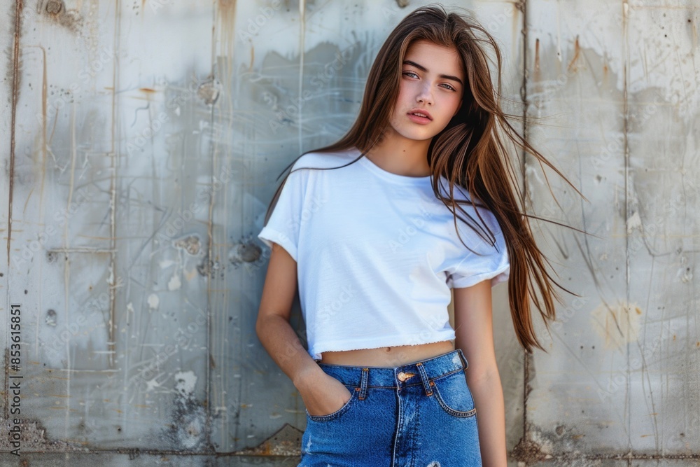 A young woman with long hair is standing against a wall, looking relaxed A young woman with long hair is standing against a wall, looking relaxed