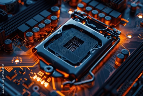 A detailed shot of a computer motherboard photo