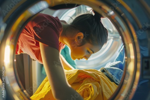 A woman bends down to inspect the inside of a washing machine, a compact and straightforward scene photo