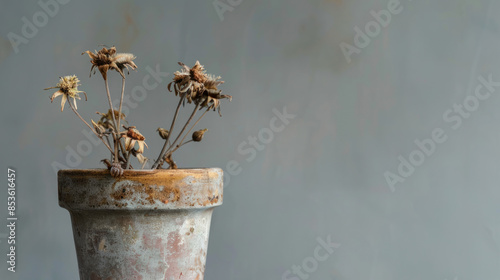 Parched plant in a pot against a gray background. The flower has withered in the pot. The indoor flower is dried up. Close-up shot.