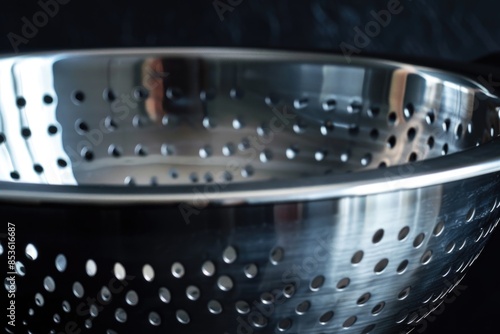 A metal kitchen utensil with circular perforations used for draining liquids