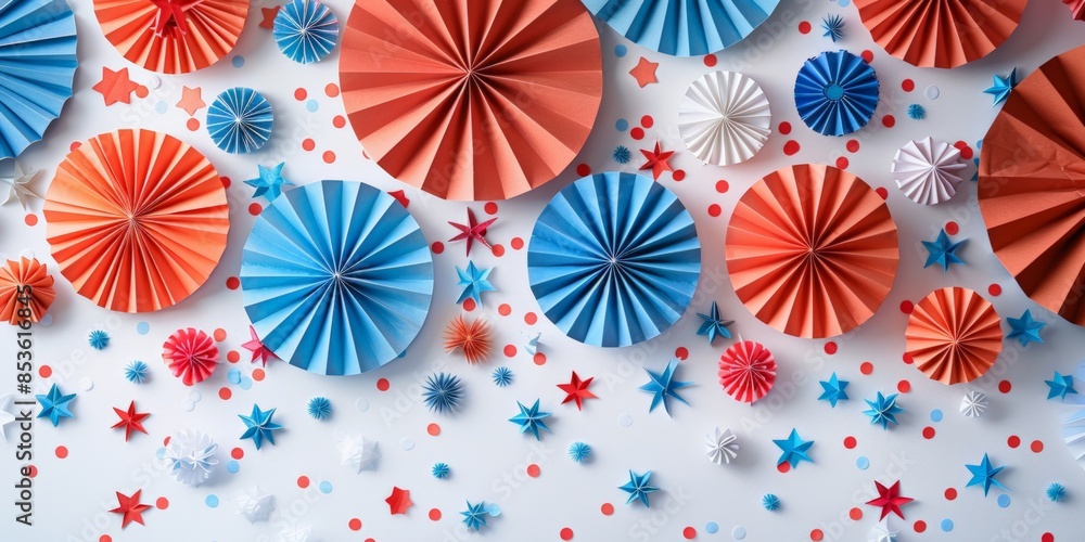 Red and blue paper fan decorations with stars and dots on a white background, creating a patriotic theme. Red and blue paper fan decorations with stars and dots on a white background, creating a patriotic theme.