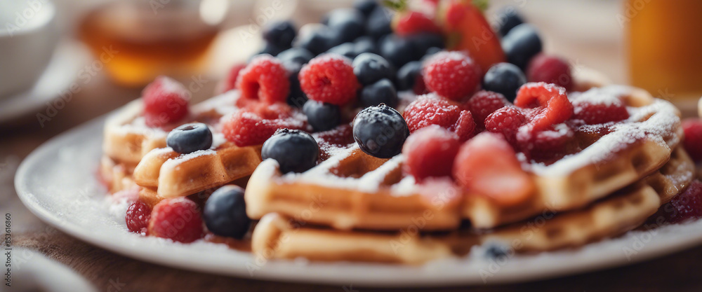 honey waffle made with delicious seasonal fruits, on the restaurant table honey waffle made with delicious seasonal fruits, on the restaurant table