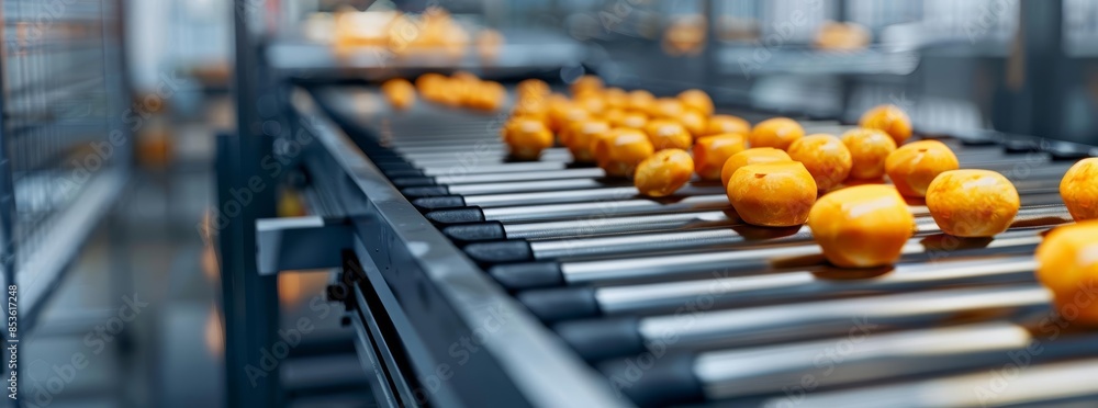 Conveyor belt with processed food items Conveyor belt with processed food items